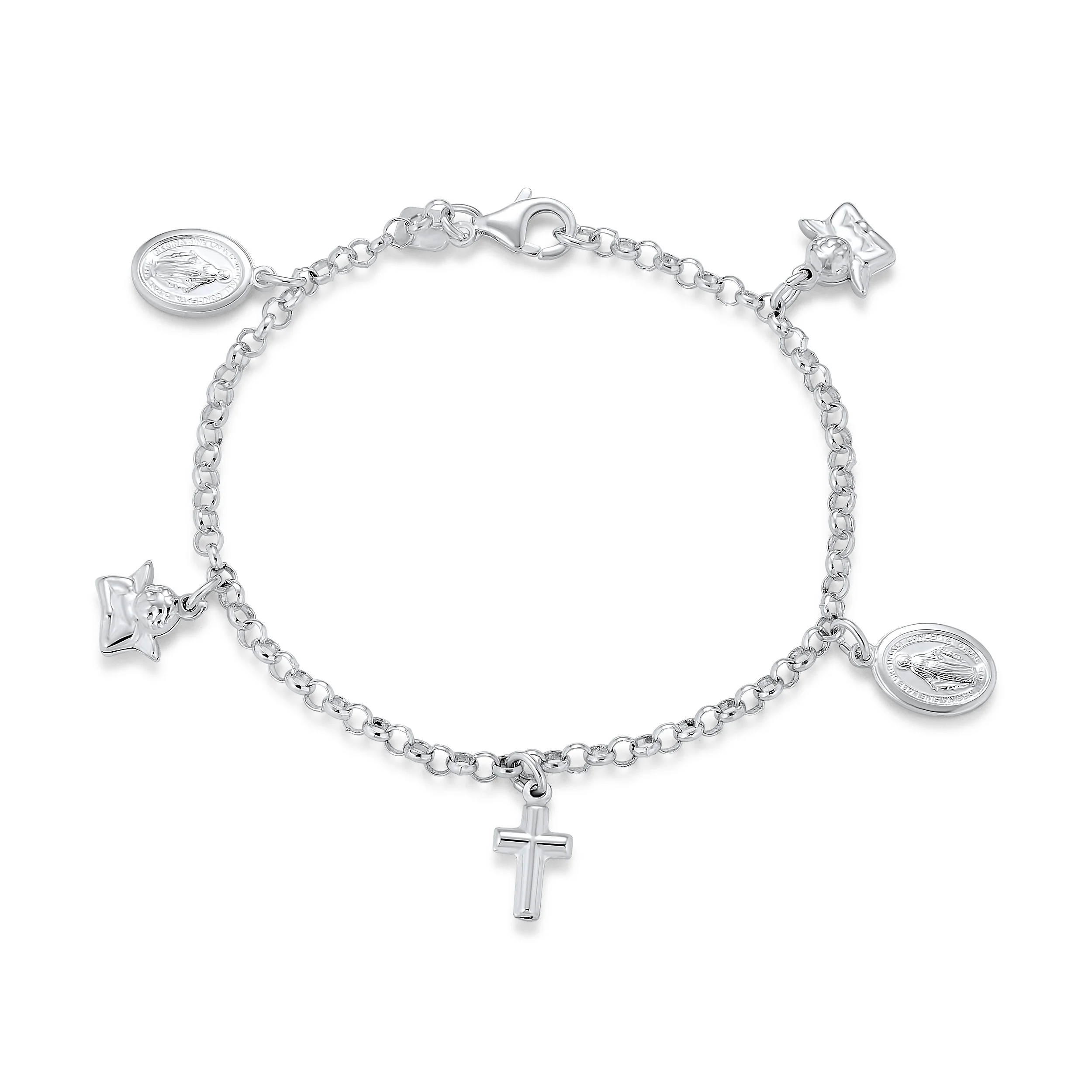 Multi Charm Cross Virgin Mary Cherub Religious Anklet Ankle Bracelet Silver 10"