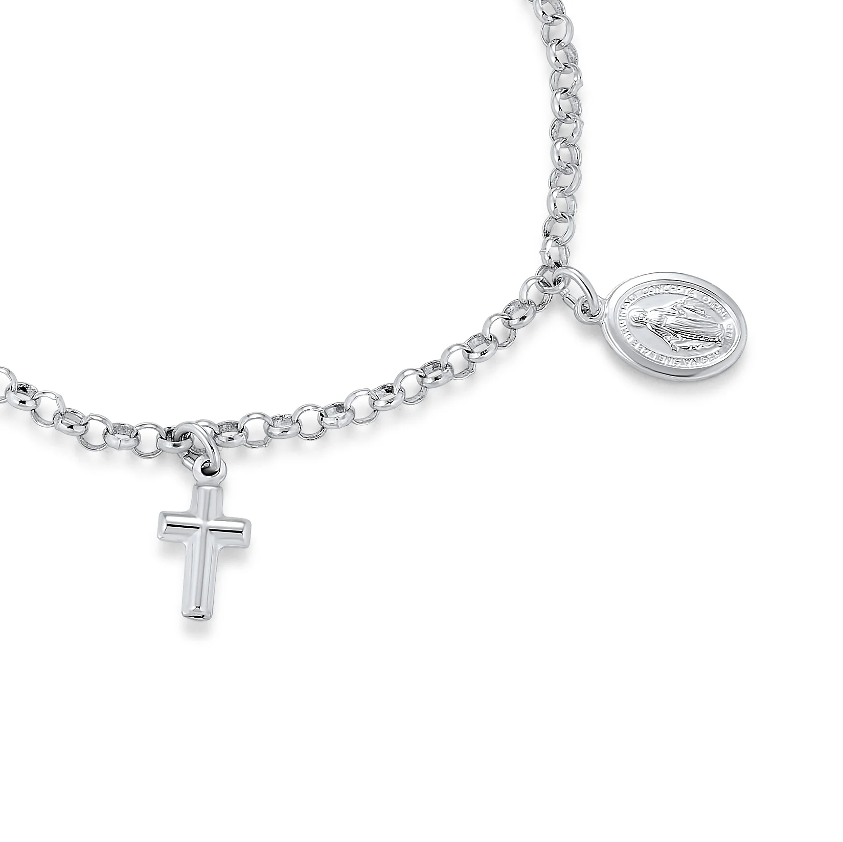 Multi Charm Cross Virgin Mary Cherub Religious Anklet Ankle Bracelet Silver 10" - Image 2
