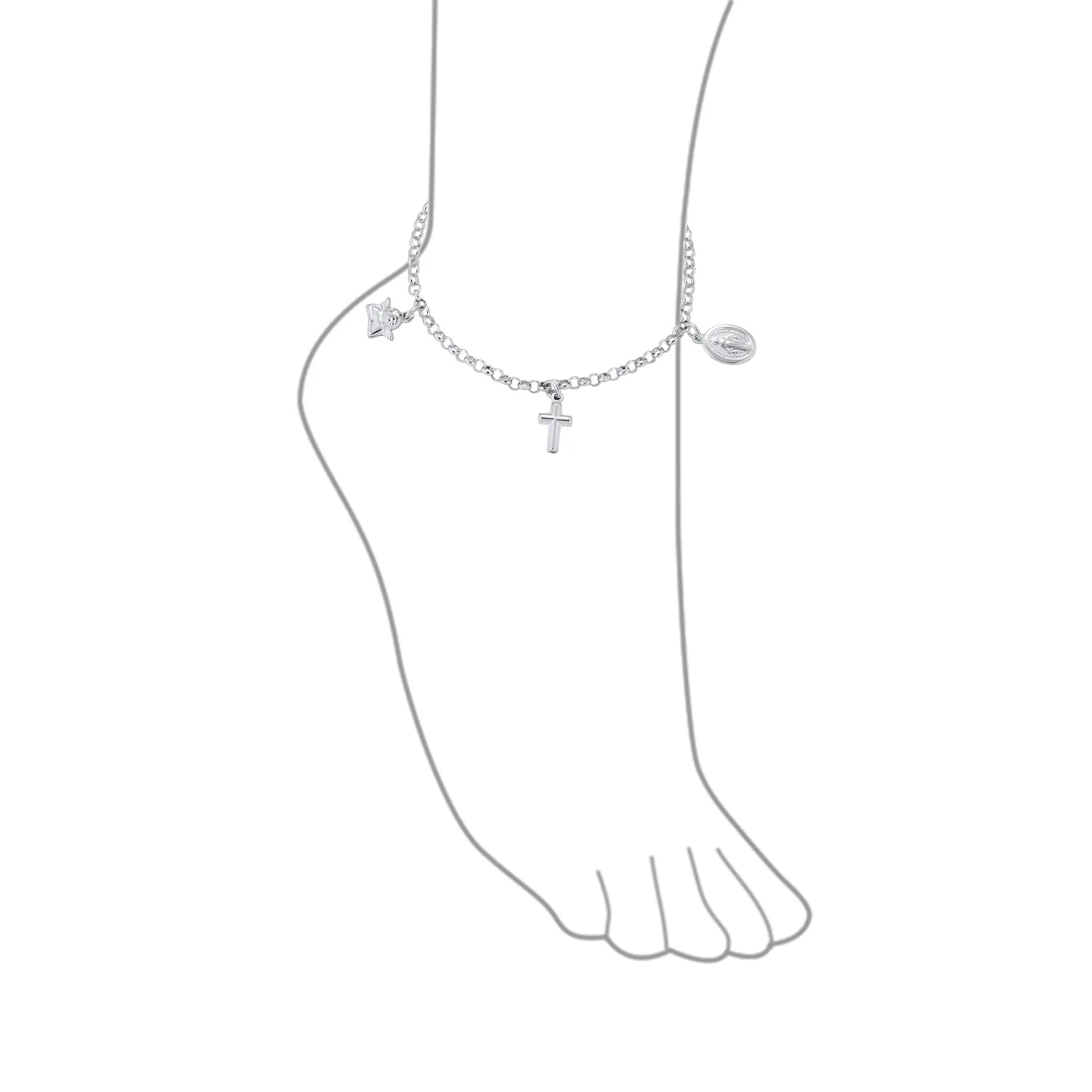 Multi Charm Cross Virgin Mary Cherub Religious Anklet Ankle Bracelet Silver 10" - Image 3