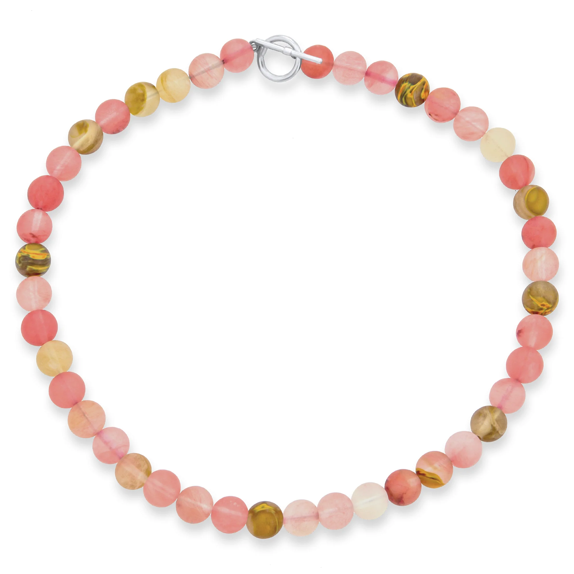 Multi Color Jasper & Rose Quartz Matte Bead Strand Necklace Silver Clasp 17 Inch