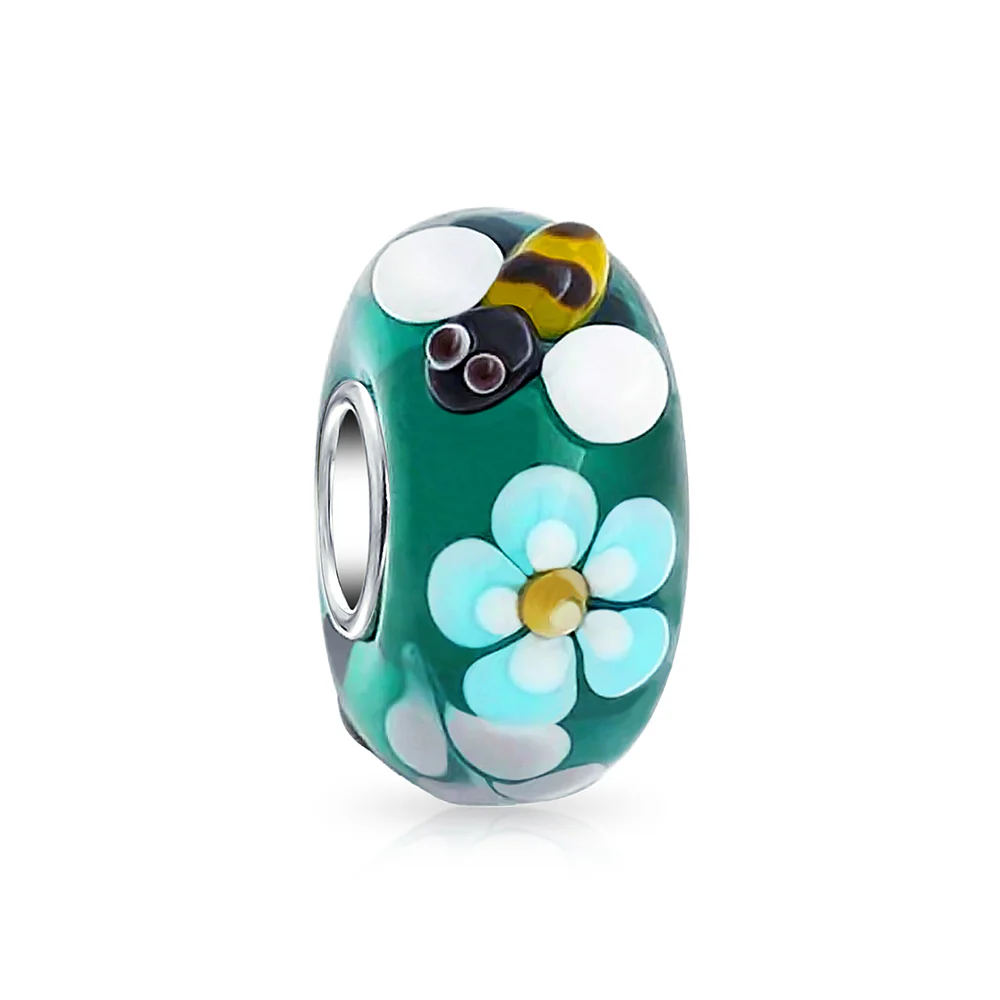 Set of 2 Bee & Ladybug Flower Murano Glass Charm Bead Sterling Silver - Image 2