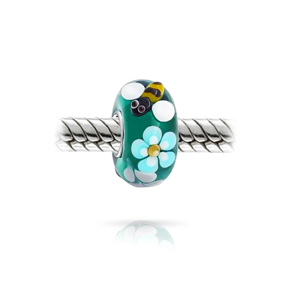 Set of 2 Bee & Ladybug Flower Murano Glass Charm Bead Sterling Silver - Image 3