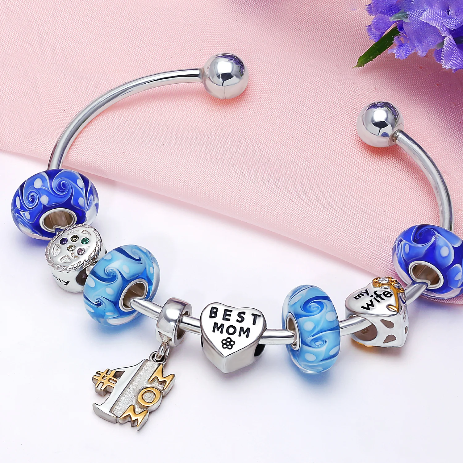 Set of 4 Murano Glass Charm Bead Blue Aqua Wave Swirl Spacer Silver Core - Image 3