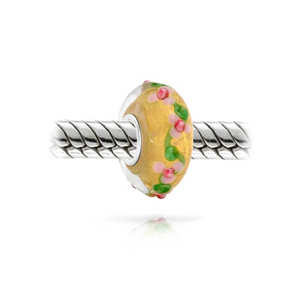 Set of 2 Multi-Color Gold Foil Murano Glass Charm Bead 3D Lampwork Flower Silver - Image 3