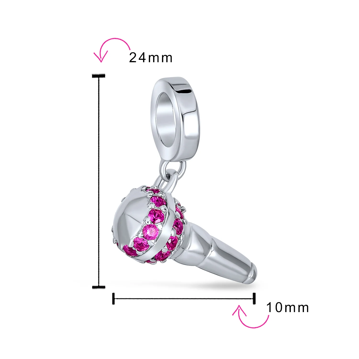 Music Lover Microphone Pink CZ Dangle Charm Bead Sterling Silver for Bracelet - Image 3