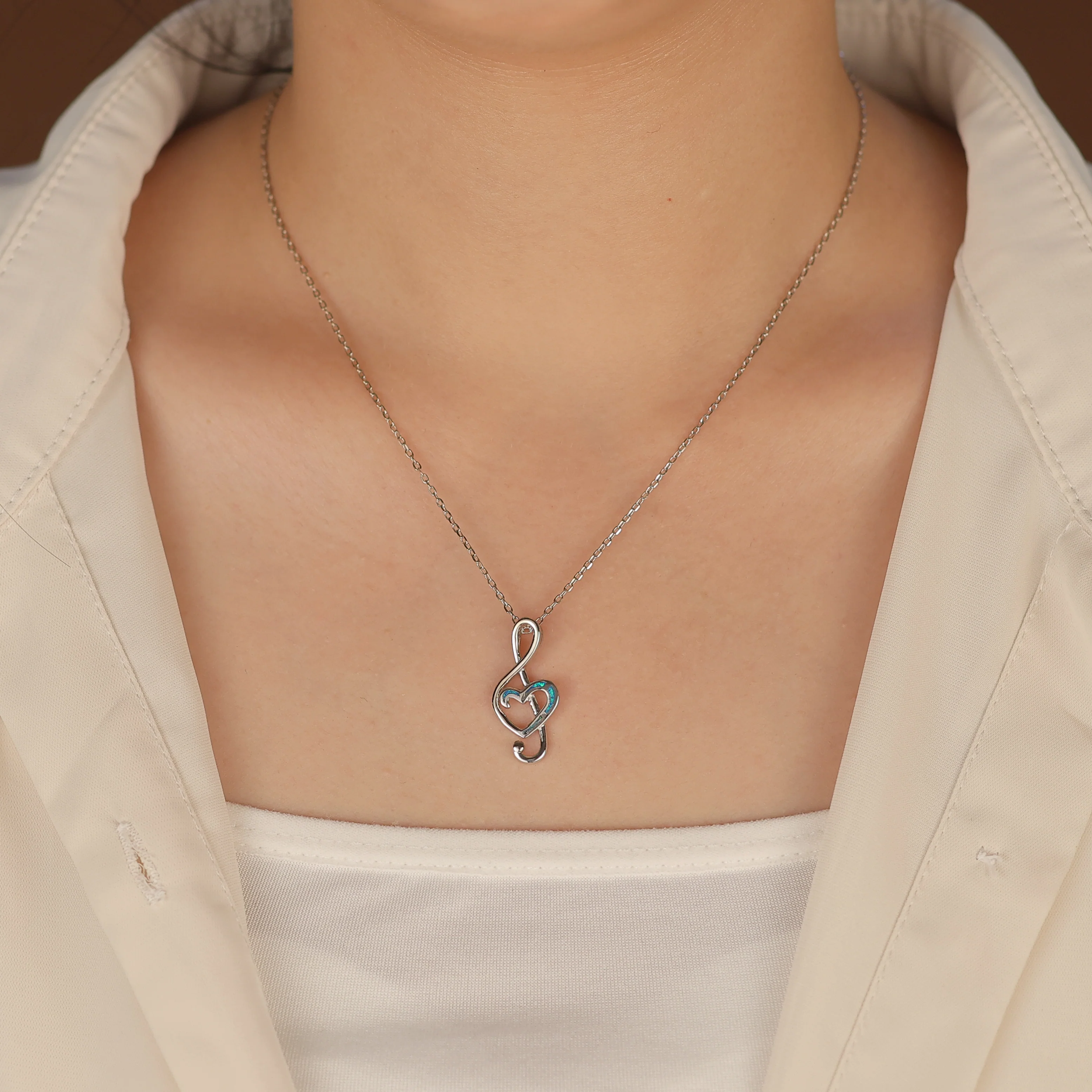 Musical Created Blue Opal Heart Treble Clef Music Note Pendant Necklace .925 Sterling Silver - Image 3