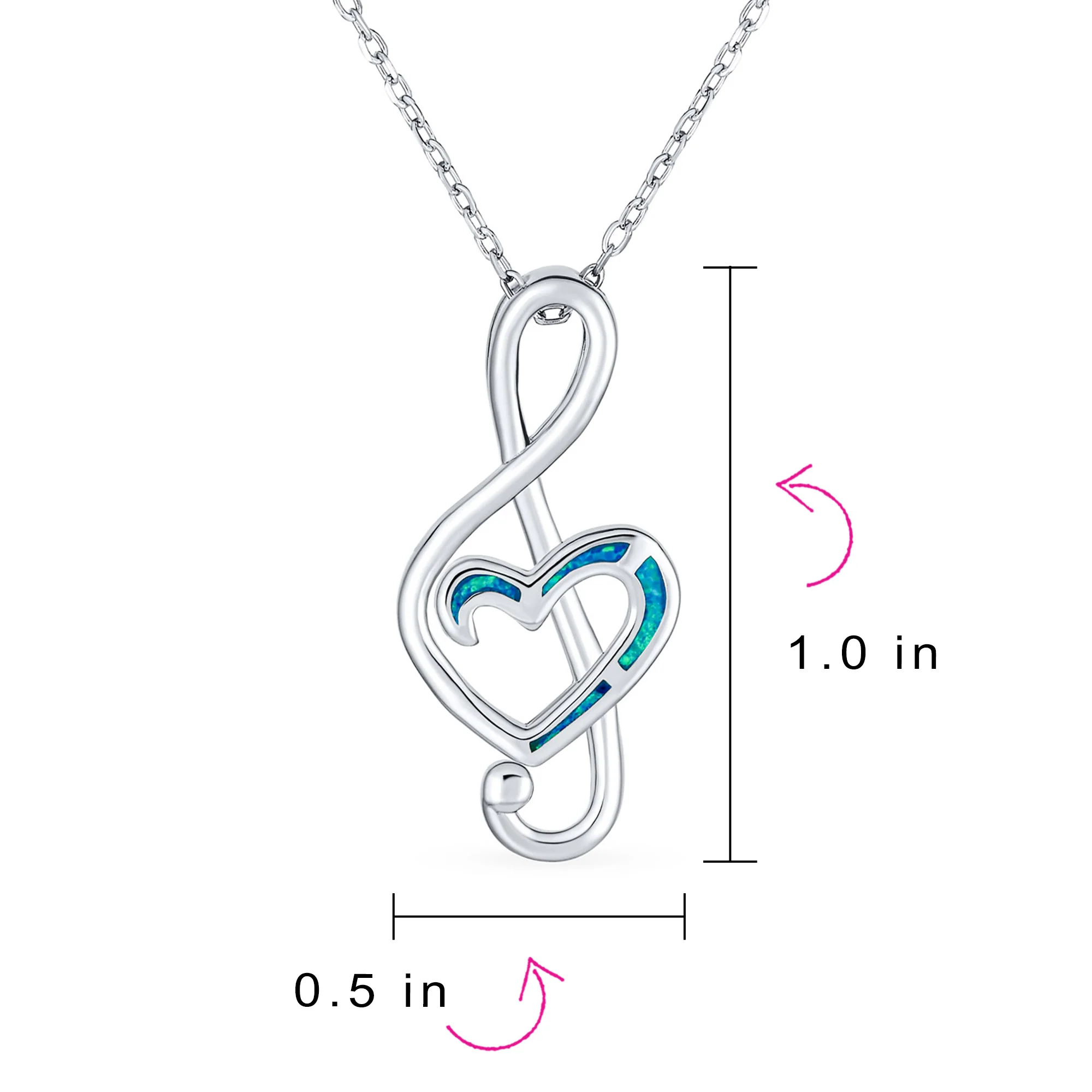 Musical Created Blue Opal Heart Treble Clef Music Note Pendant Necklace .925 Sterling Silver - Image 4