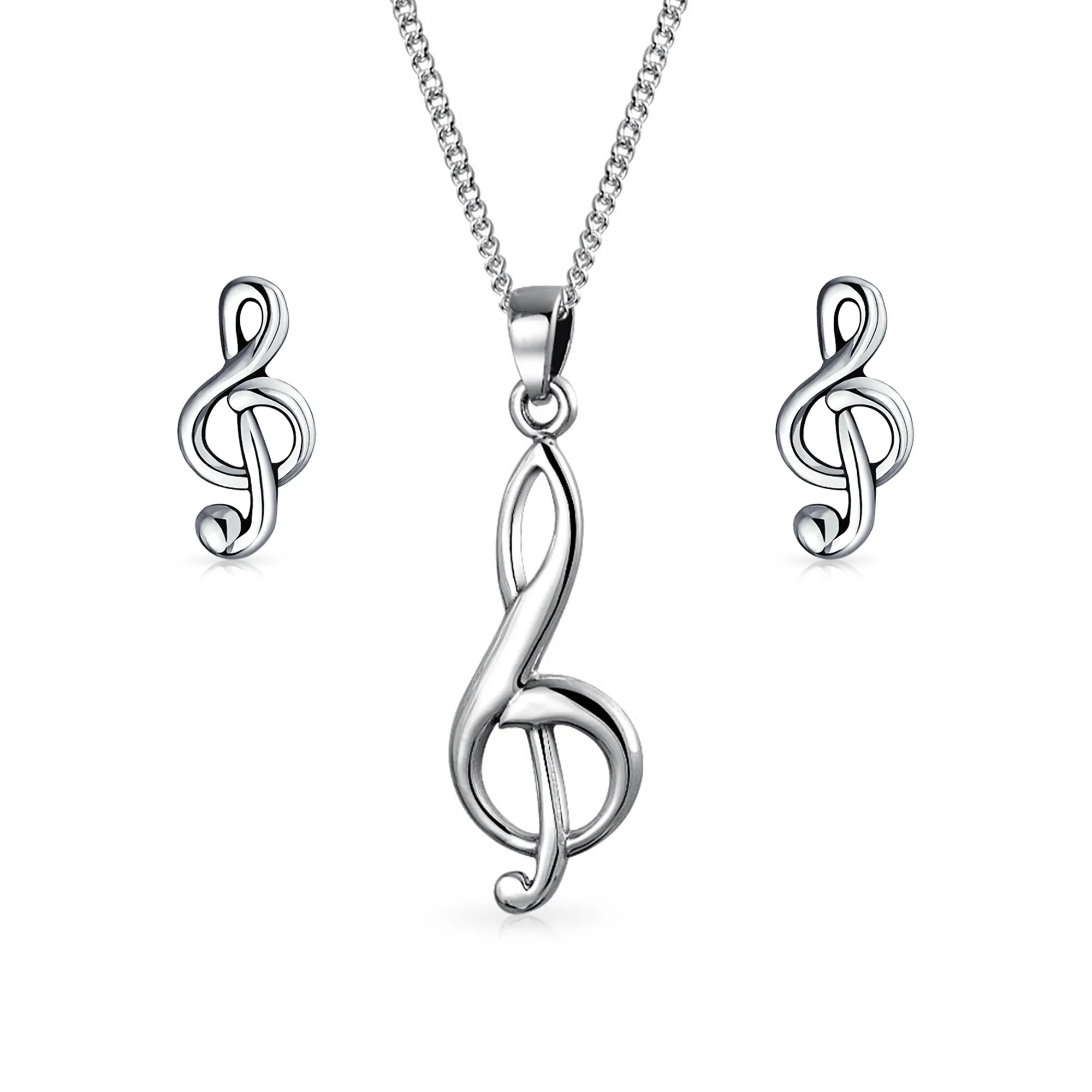 Musician Treble Music Note Stud Earrings and Pendant Necklace Silver Jewelry Set