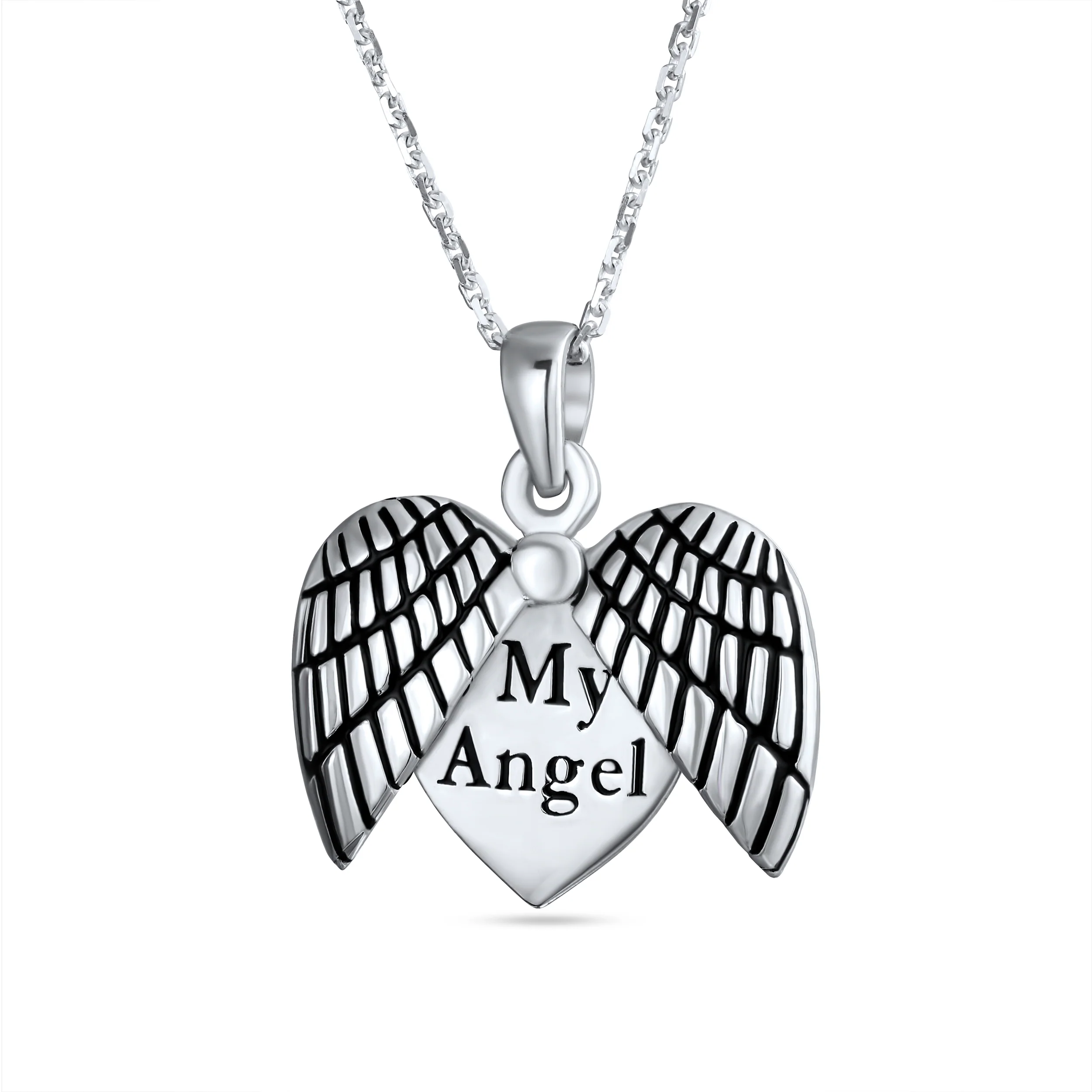 MY Angel Word Angel Wing Heart Locket Pendant Necklace .925 Sterling Silver