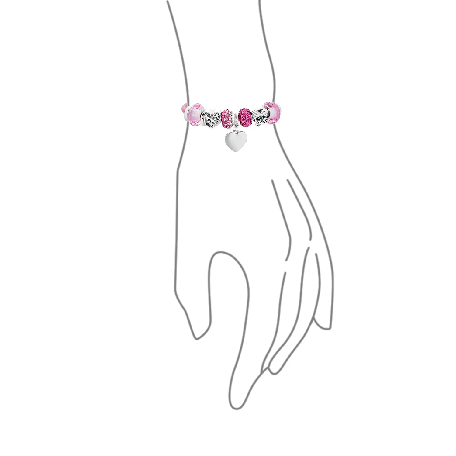 My Wife Heart Charm Bracelet Pink Leather Sterling Silver Beads 6.5-8.5 Inch - Image 2