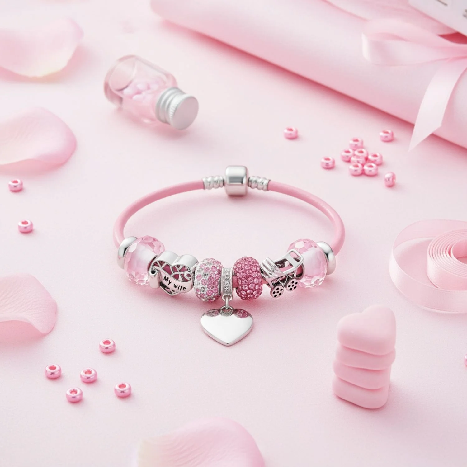 My Wife Heart Charm Bracelet Pink Leather Sterling Silver Beads 6.5-8.5 Inch - Image 3