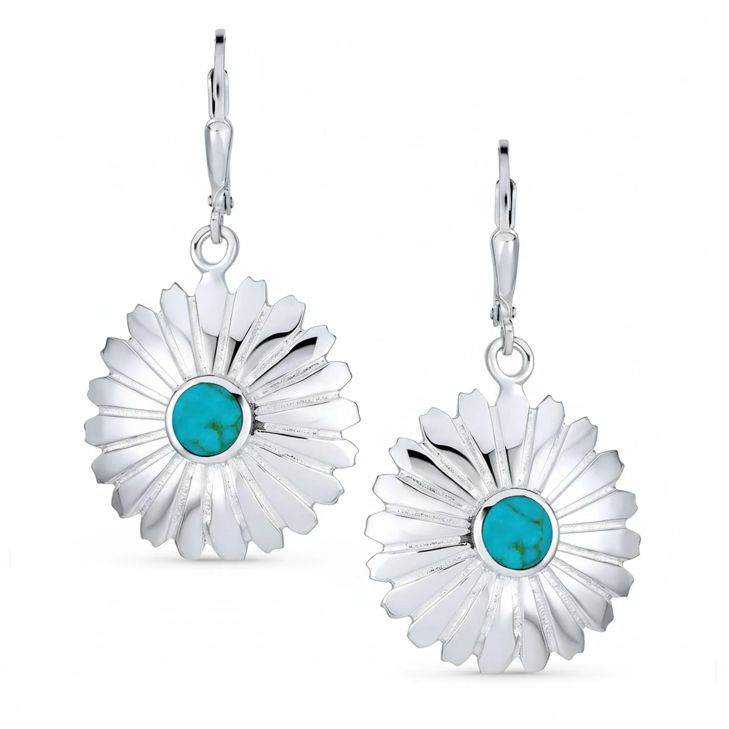 Western Style Natural Turquoise Dangle Flower Medallion Earrings .925 Sterling Silver Leverback - Image 2