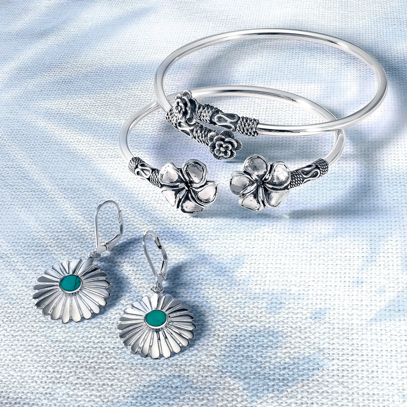 Western Style Natural Turquoise Dangle Flower Medallion Earrings .925 Sterling Silver Leverback - Image 5