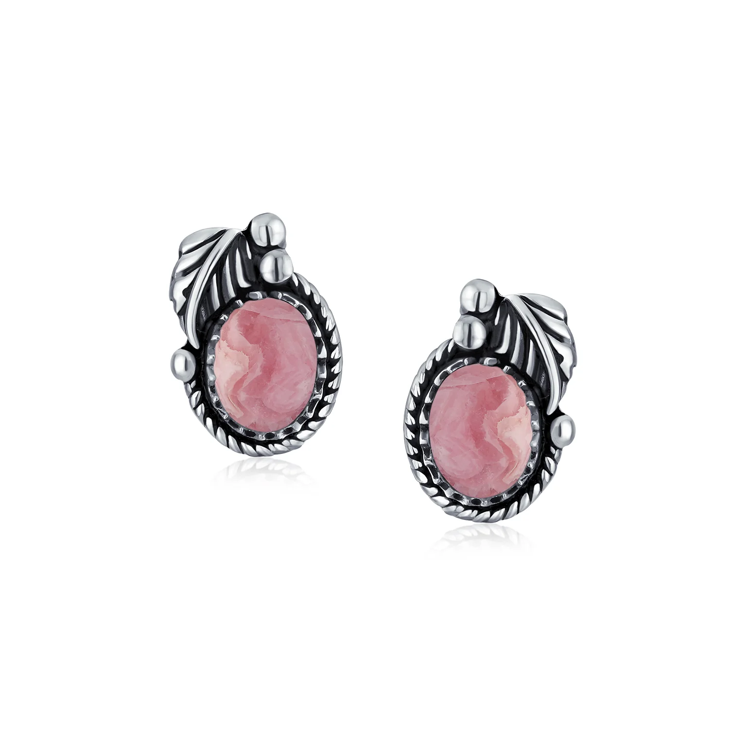 Native American Style Gemstone Bezel Leaf Rope Stud Earrings in Sterling Silver - Image 12