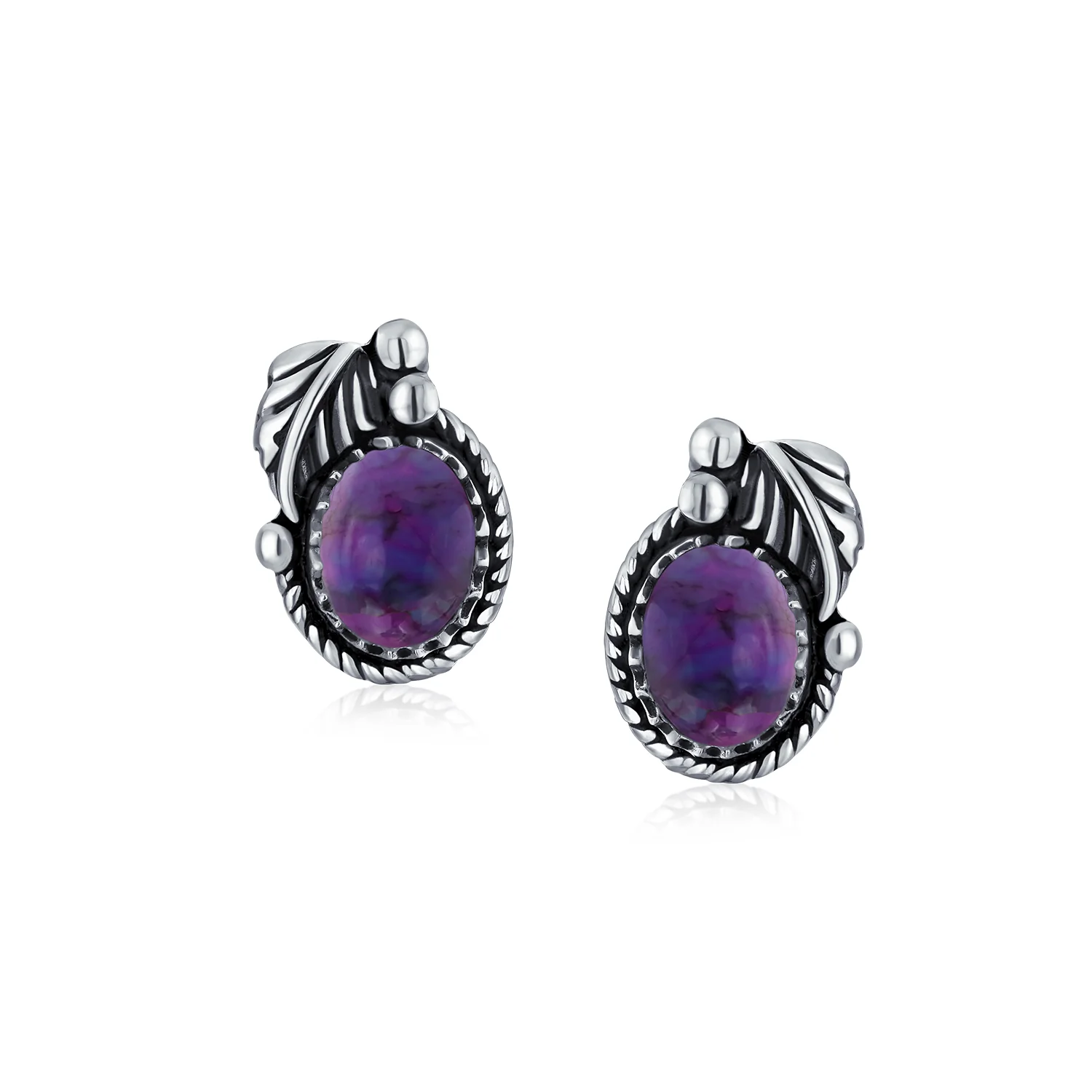 Native American Style Gemstone Bezel Leaf Rope Stud Earrings in Sterling Silver - Image 13