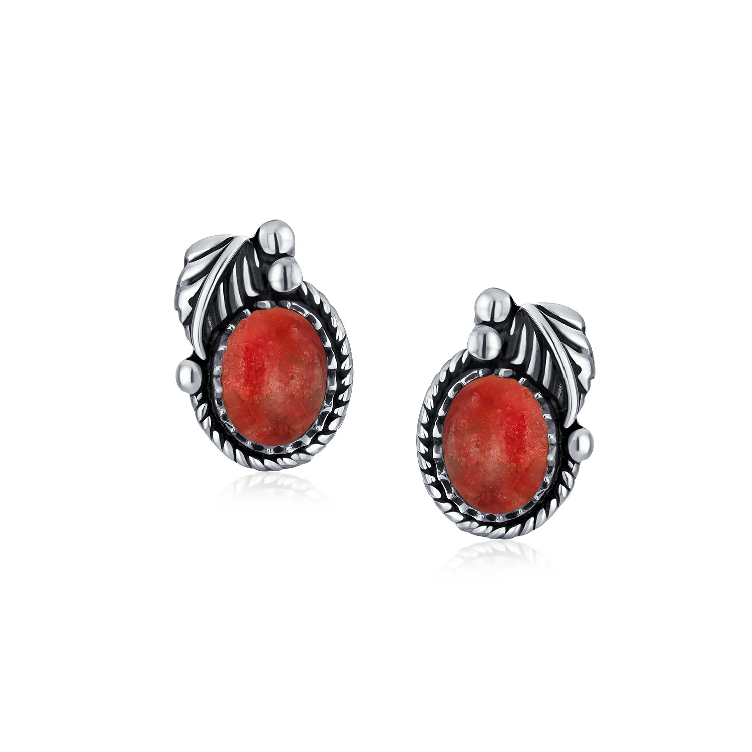 Native American Style Gemstone Bezel Leaf Rope Stud Earrings in Sterling Silver - Image 14