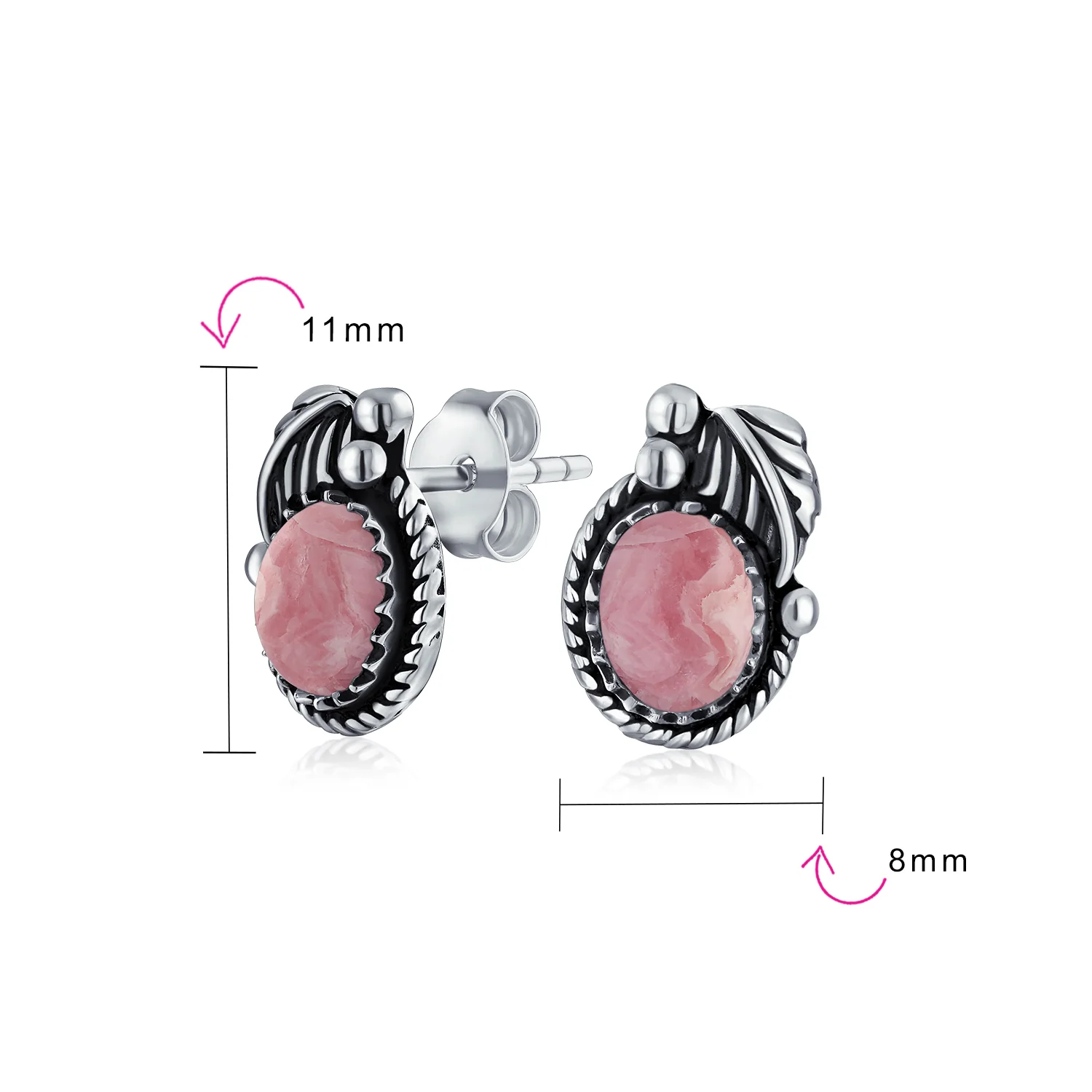 Native American Style Gemstone Bezel Leaf Rope Stud Earrings in Sterling Silver - Image 25