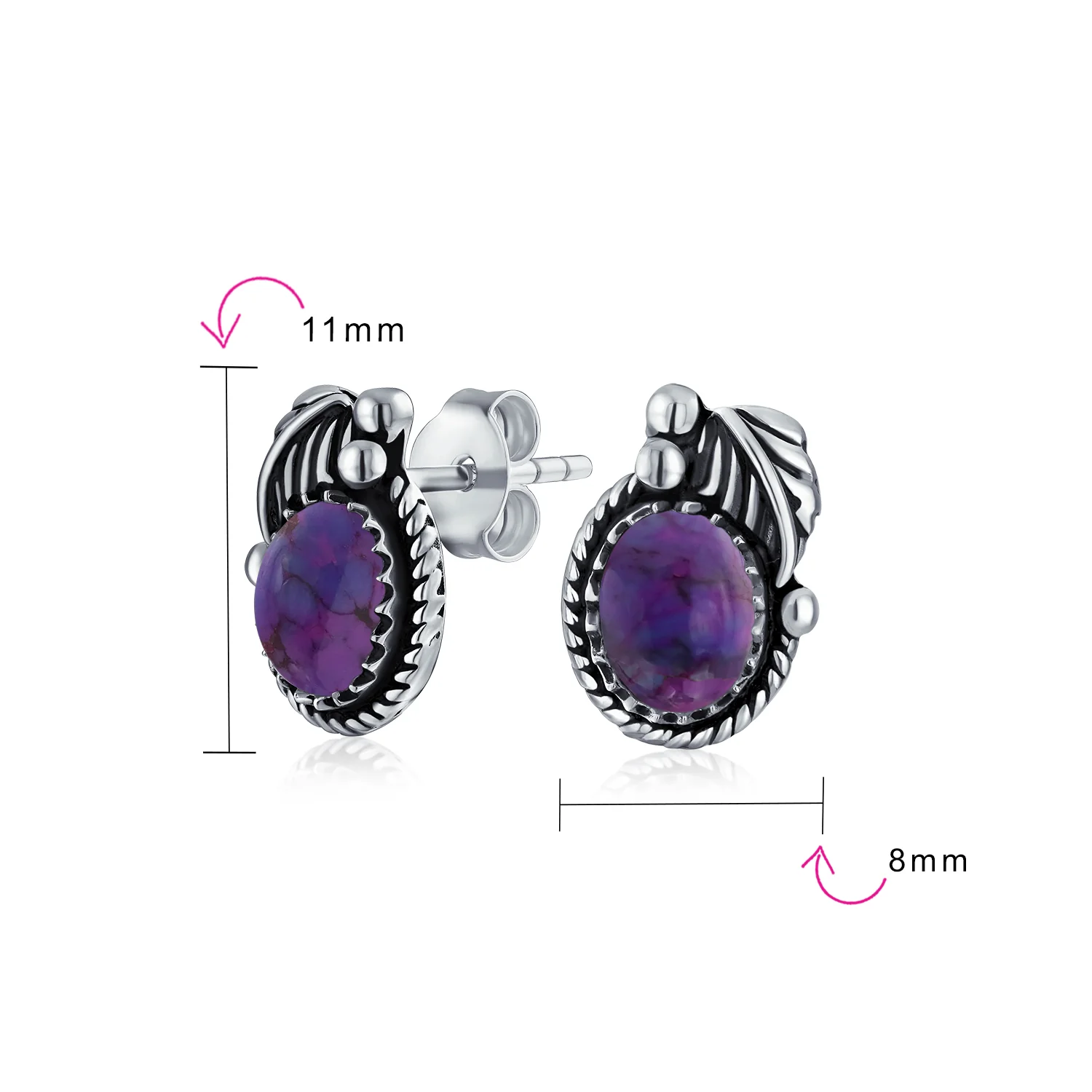 Native American Style Gemstone Bezel Leaf Rope Stud Earrings in Sterling Silver - Image 26