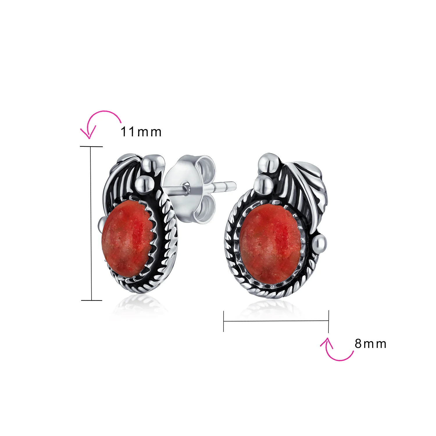 Native American Style Gemstone Bezel Leaf Rope Stud Earrings in Sterling Silver - Image 27