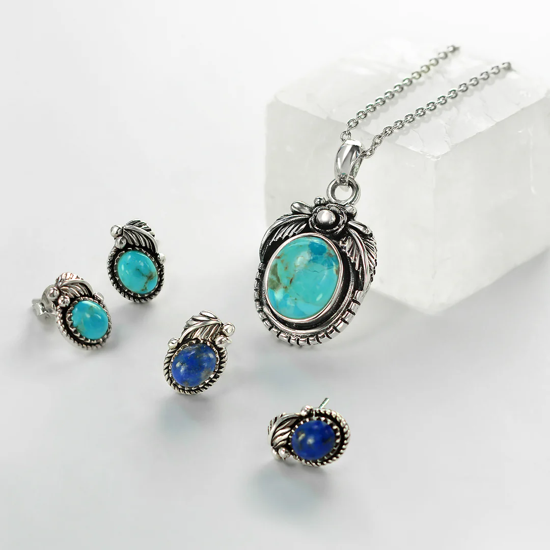 Native American Style Gemstone Bezel Leaf Rope Stud Earrings in Sterling Silver - Image 29
