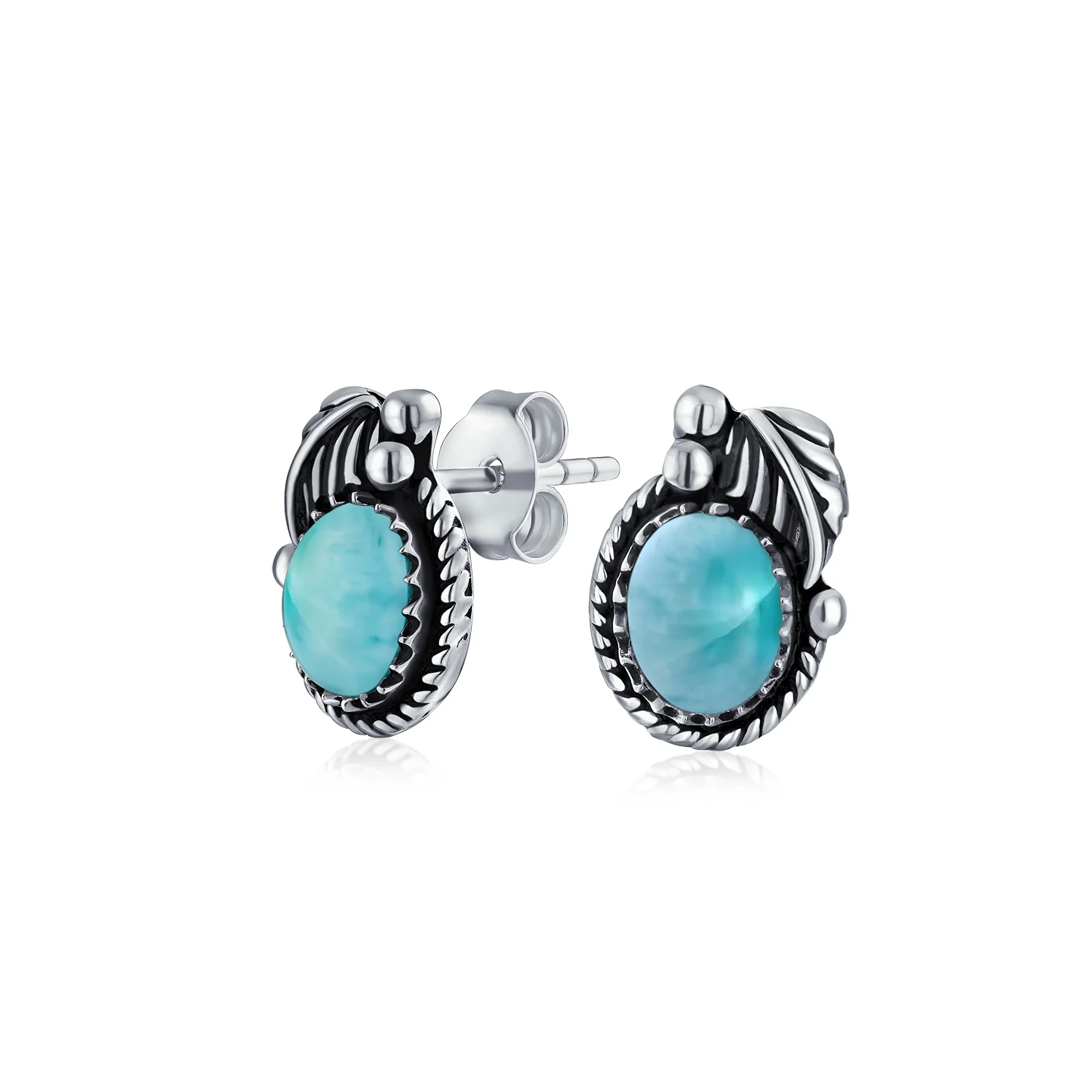 Native American Style Gemstone Bezel Leaf Rope Stud Earrings in Sterling Silver - Image 4