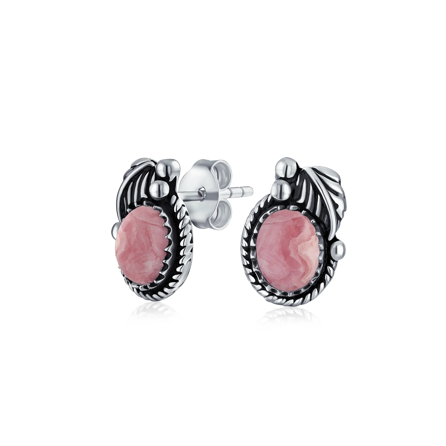 Native American Style Gemstone Bezel Leaf Rope Stud Earrings in Sterling Silver - Image 5