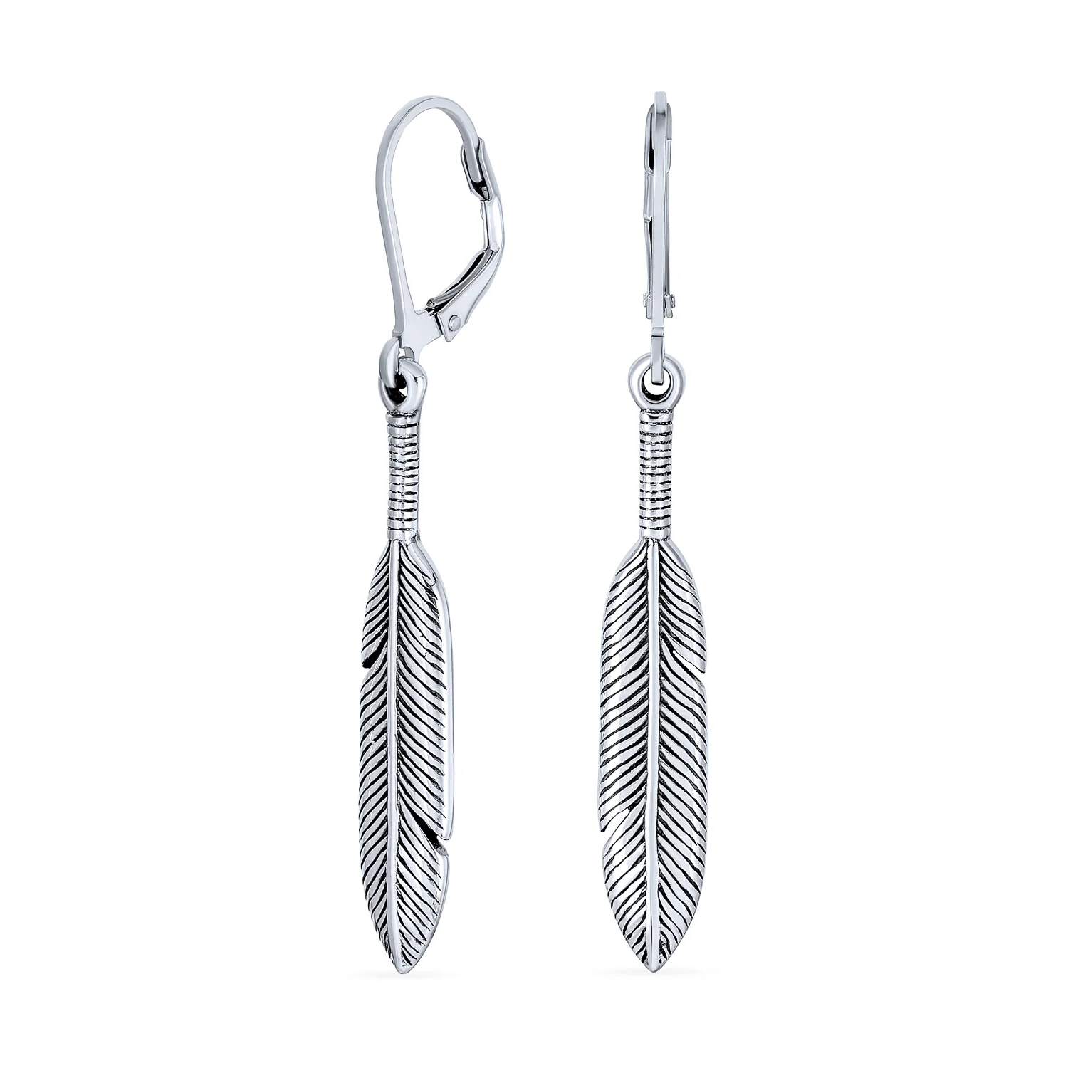 Southwestern Style Dangle Leaf Feather Earrings Oxidized Sterling Silver Lever back
