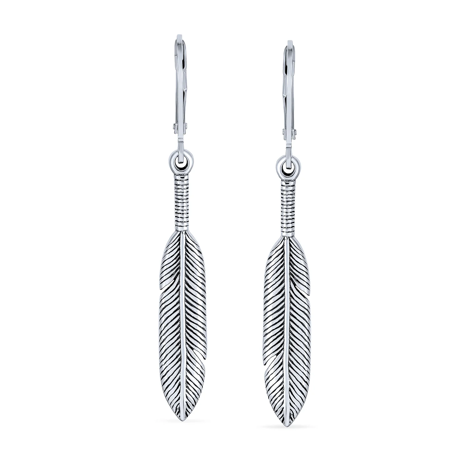 Southwestern Style Dangle Leaf Feather Earrings Oxidized Sterling Silver Lever back - Image 2