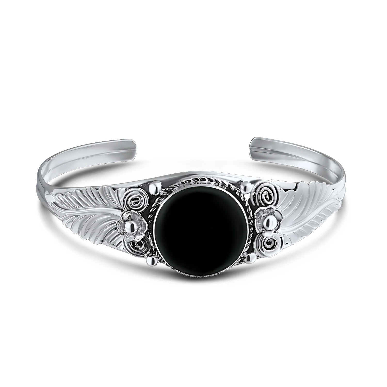 Nature Leaf Navajo Style Onyx Turquoise Wide Cuff Bracelet in Sterling Silver - Image 2