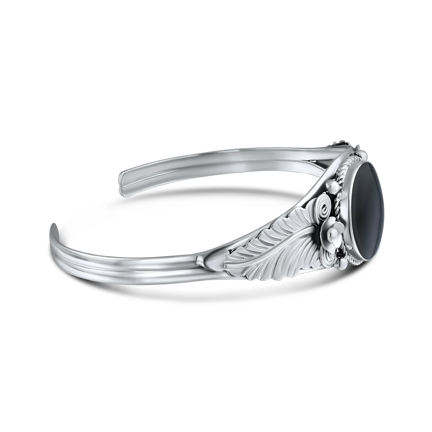 Nature Leaf Navajo Style Onyx Turquoise Wide Cuff Bracelet in Sterling Silver - Image 4