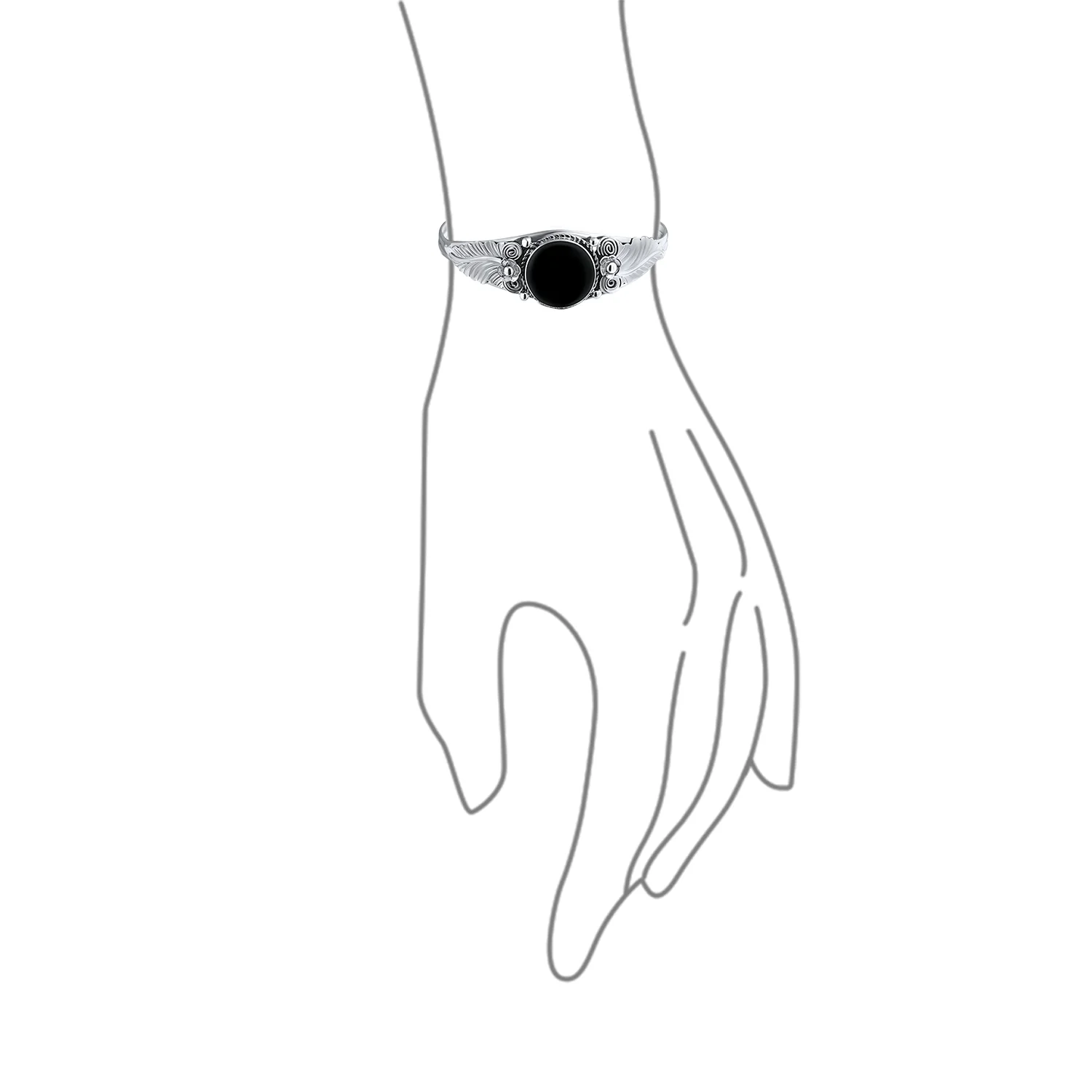 Nature Leaf Navajo Style Onyx Turquoise Wide Cuff Bracelet in Sterling Silver - Image 6