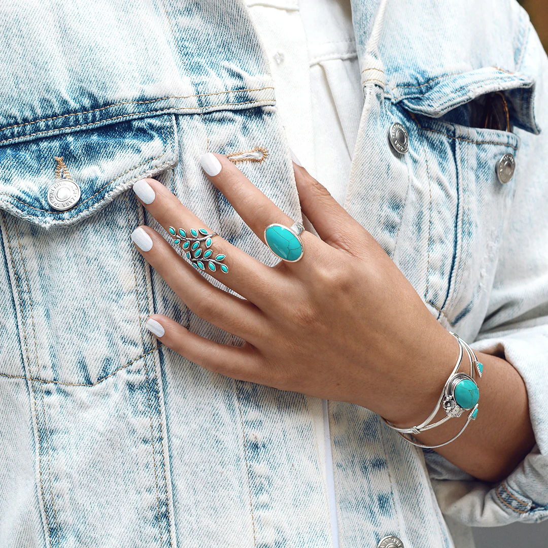 Nature Leaf Navajo Style Turquoise Cuff Bracelet Silver - Image 6