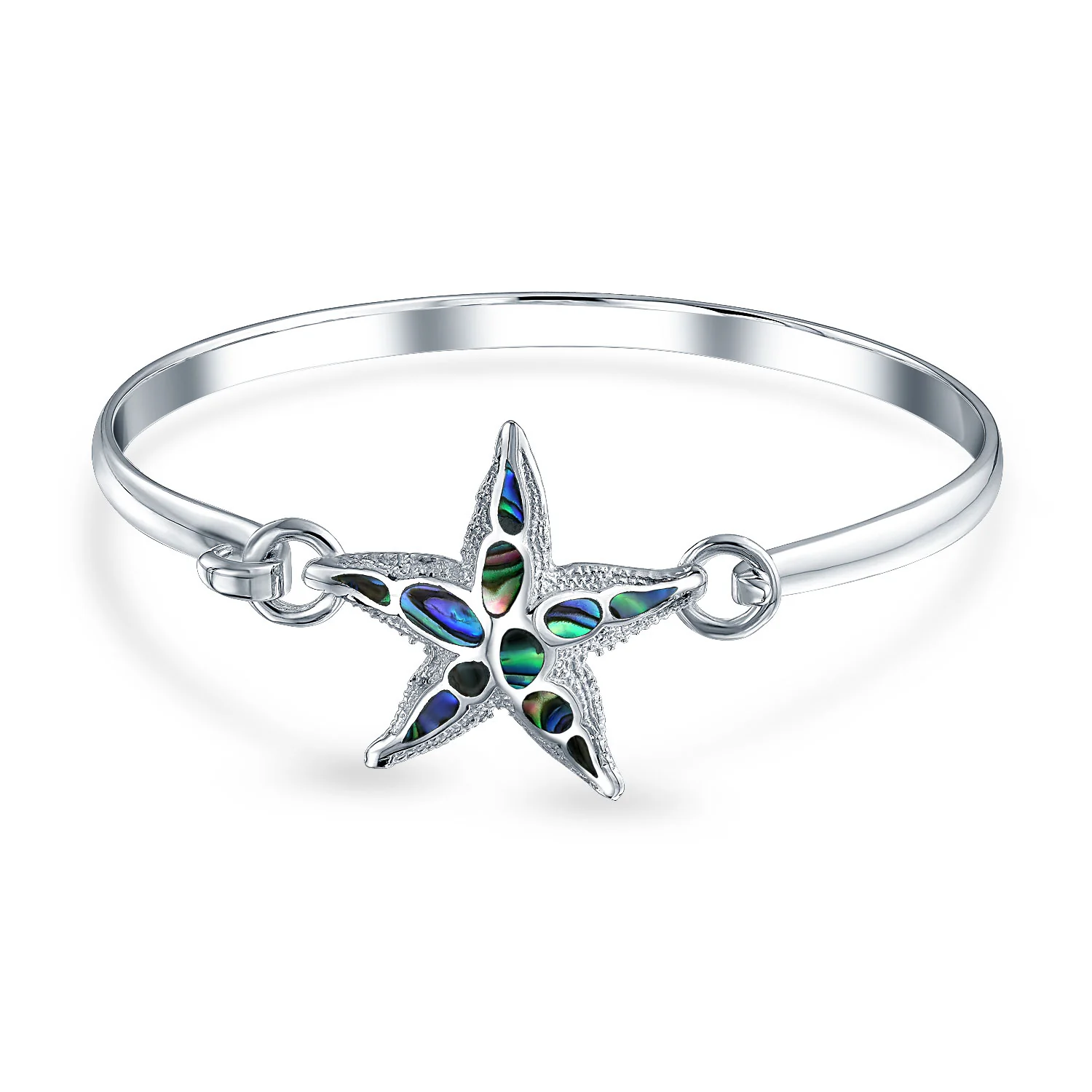 Nautical Sea Life Iridescent Abalone Shell Starfish Bangle Bracelet .925 Sterling Silver