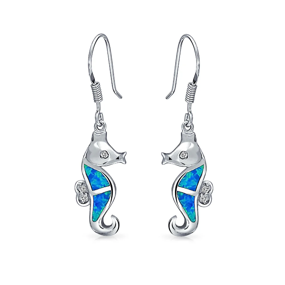 Nautical Blue Created Opal Dangle Seahorse Earrings Fish Wire Sterling Silver
