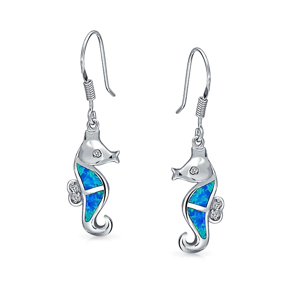Nautical Blue Created Opal Dangle Seahorse Earrings Fish Wire Sterling Silver - Image 3