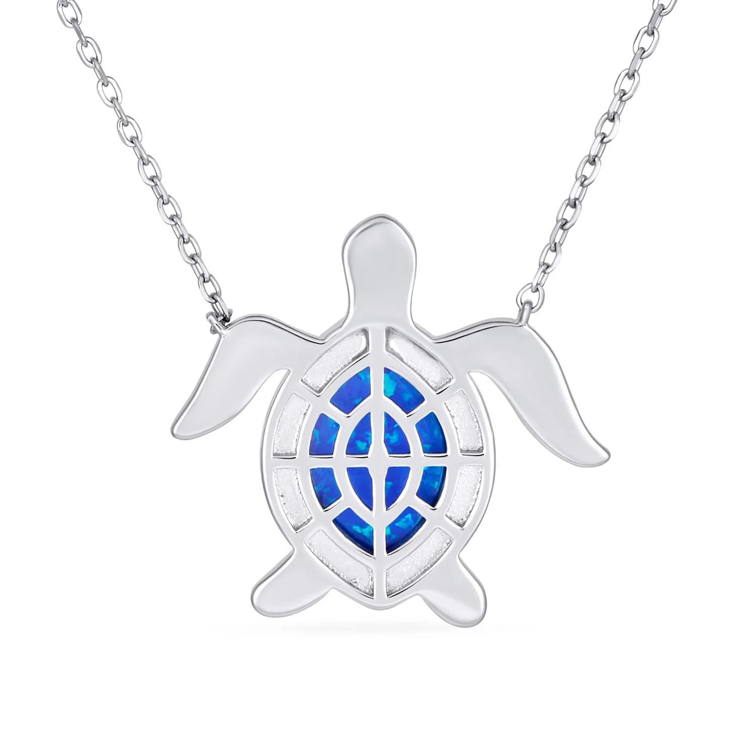 Sea Turtle Pendant Necklace Created Blue Opal Inlay Nautical .925 Sterling Silver - Image 2