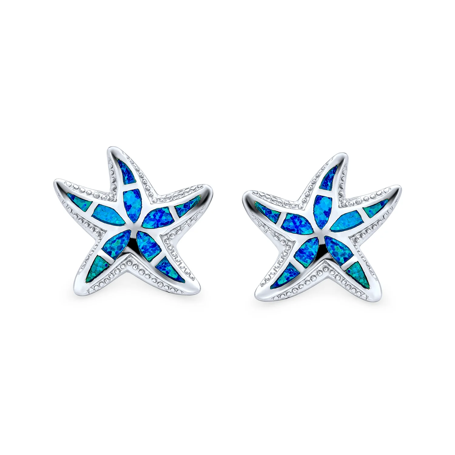 Nautical Blue Opal Starfish Stud Earrings in Sterling Silver for Beach Vacation - Image 2