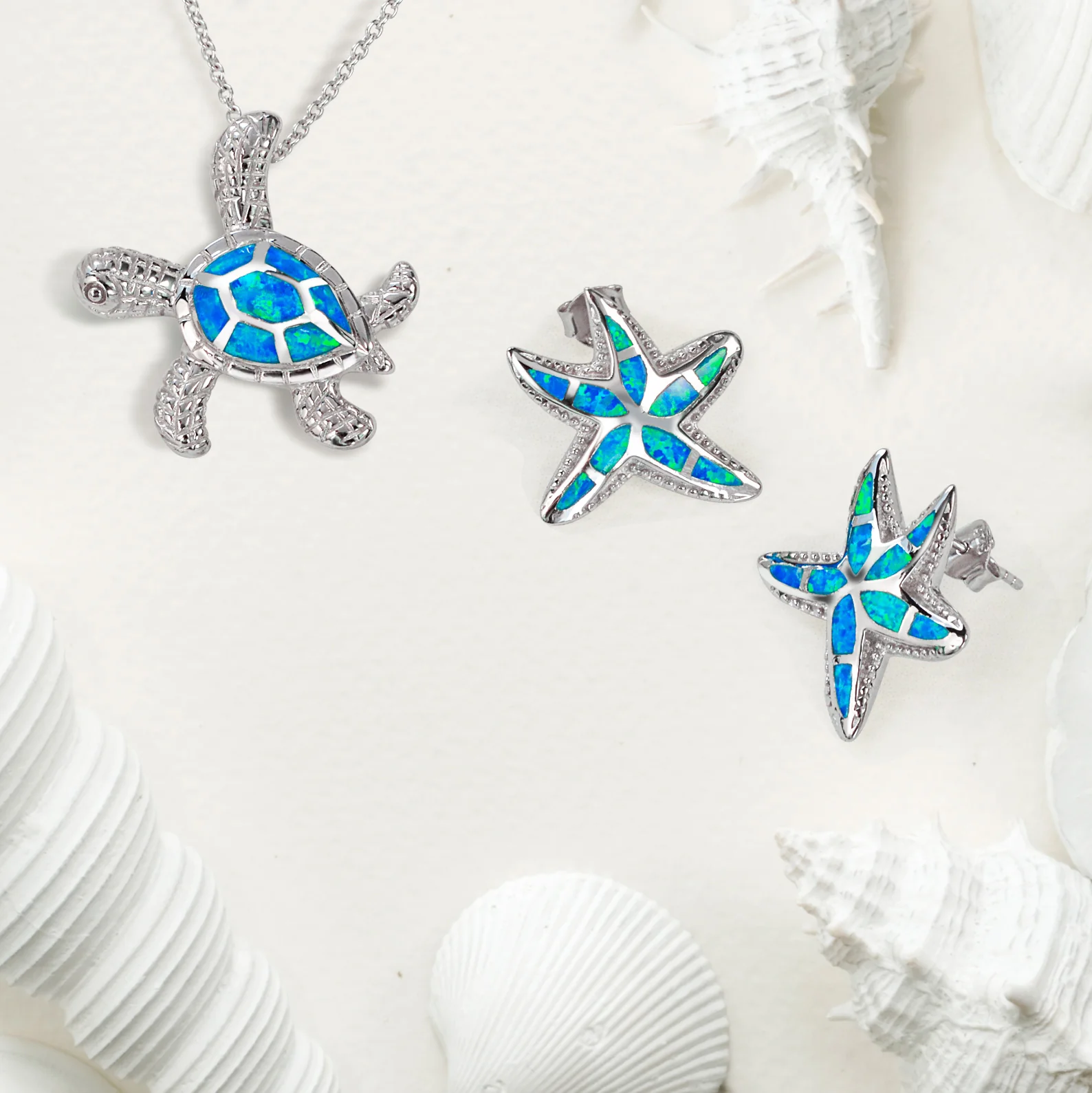 Nautical Blue Opal Starfish Stud Earrings in Sterling Silver for Beach Vacation - Image 5