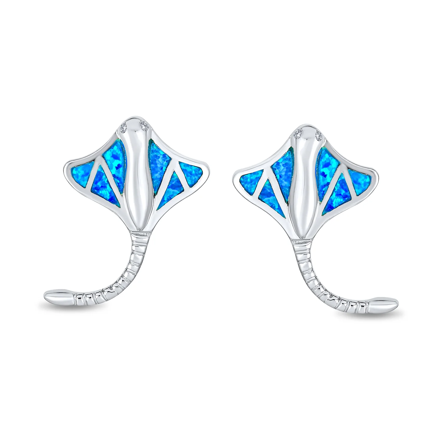 Nautical Blue Created Opal Inlay Large Stingray Stud Earrings .925 Sterling Silver - Image 2