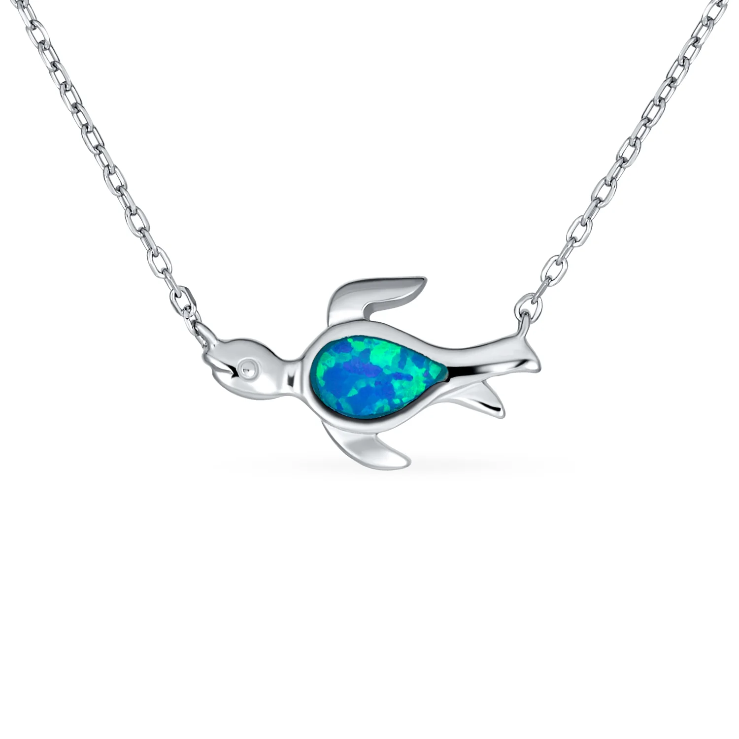 Delicate Nautical Blue Opal Sea Turtle Pendant Necklace in Sterling Silver