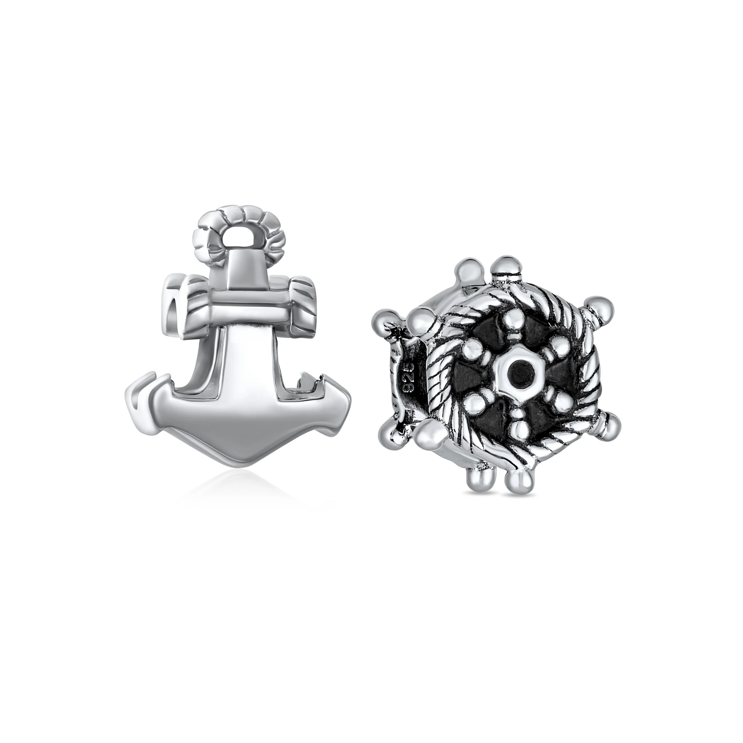 Set of 2 Nautical Boat Ship Wheel and Anchor Rope Charm Bead Sterling Silver