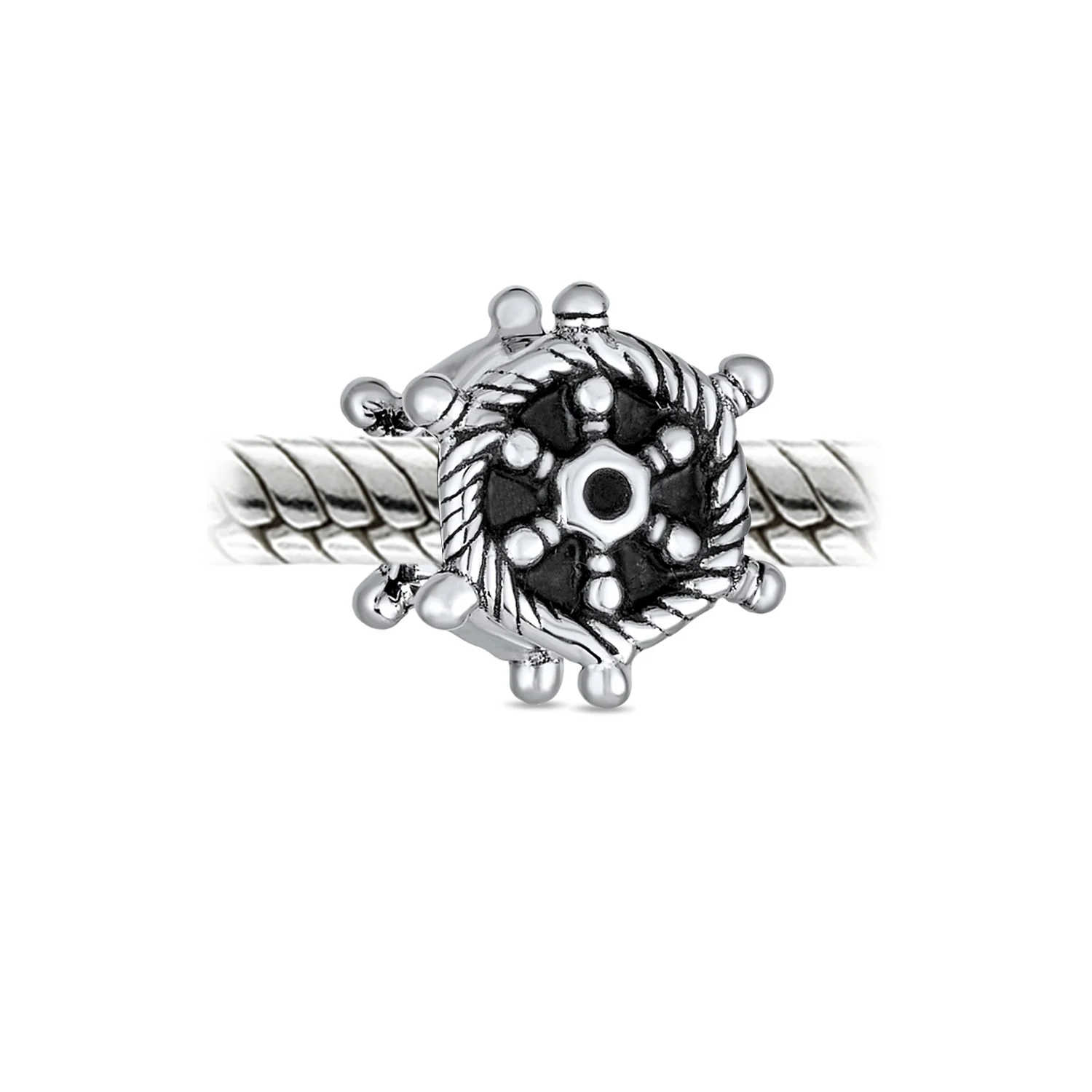 Nautical Boat Ship Wheel Charm Bead in Oxidized Sterling Silver for Bracelets - Image 2