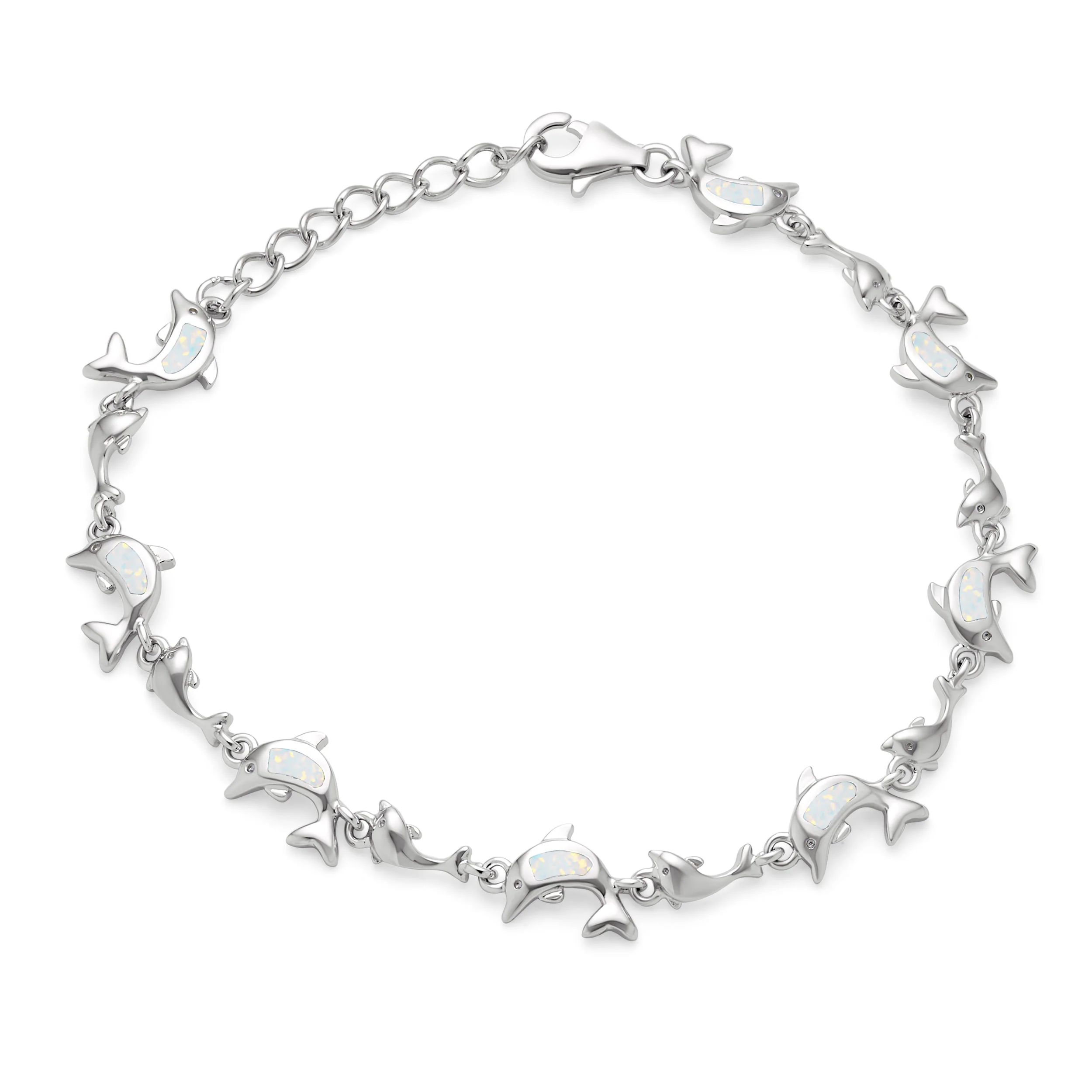 Nautical Created Blue White Opal Inlay Dolphins Bracelet .925 Sterling Silver - Image 2