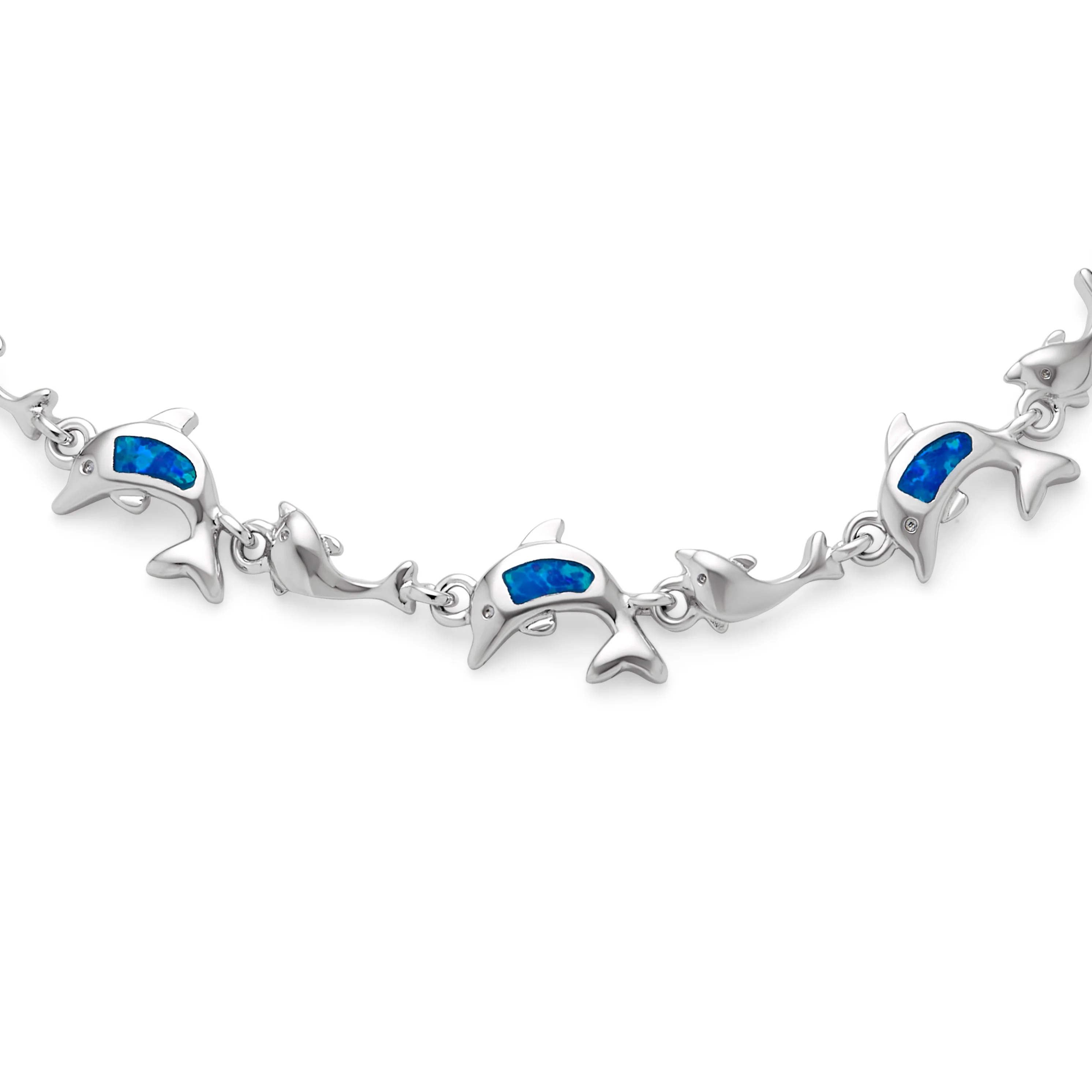 Nautical Created Blue White Opal Inlay Dolphins Bracelet .925 Sterling Silver - Image 3