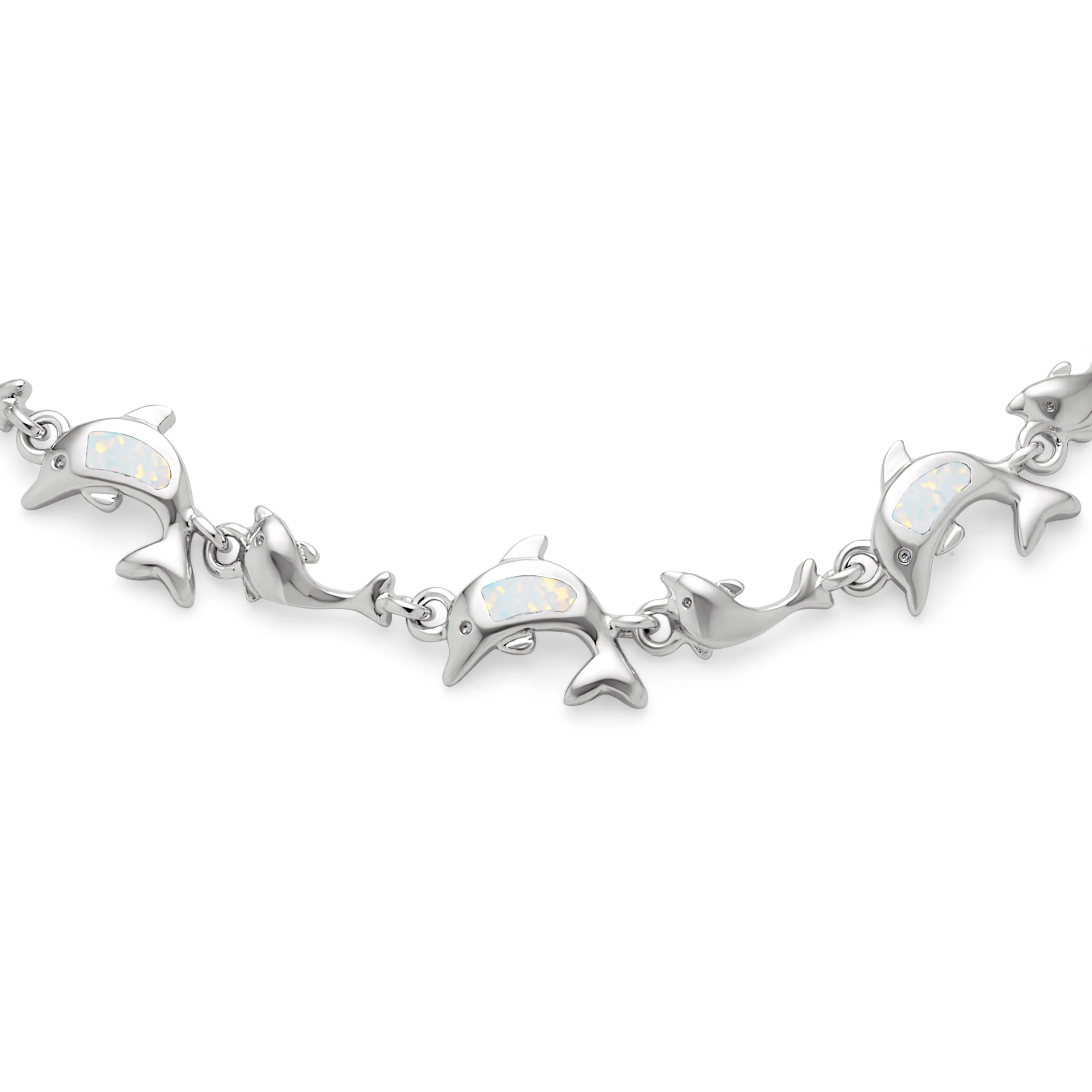 Nautical Created Blue White Opal Inlay Dolphins Bracelet .925 Sterling Silver - Image 4