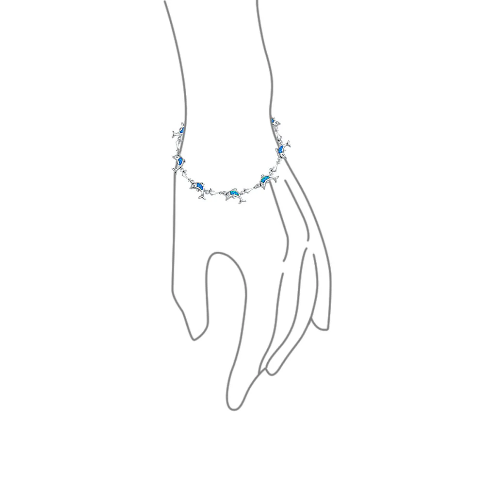 Nautical Created Blue White Opal Inlay Dolphins Bracelet .925 Sterling Silver - Image 5