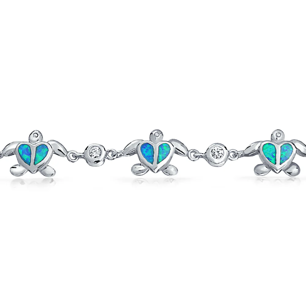 Nautical Chain Link Bracelet with Opal Sea Tortoise & CZ Heart Charms in Silver - Image 2
