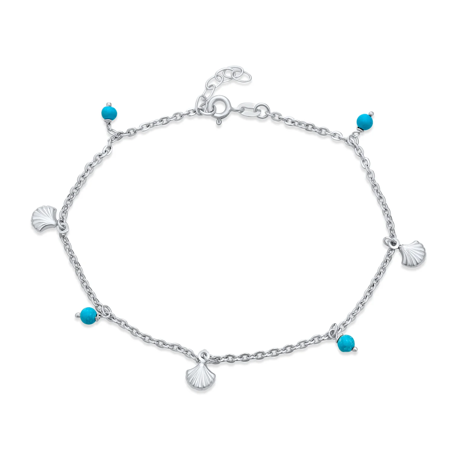 Nautical Charm Anklet Ankle Bracelet Turquoise Clam Seashell Sterling Silver