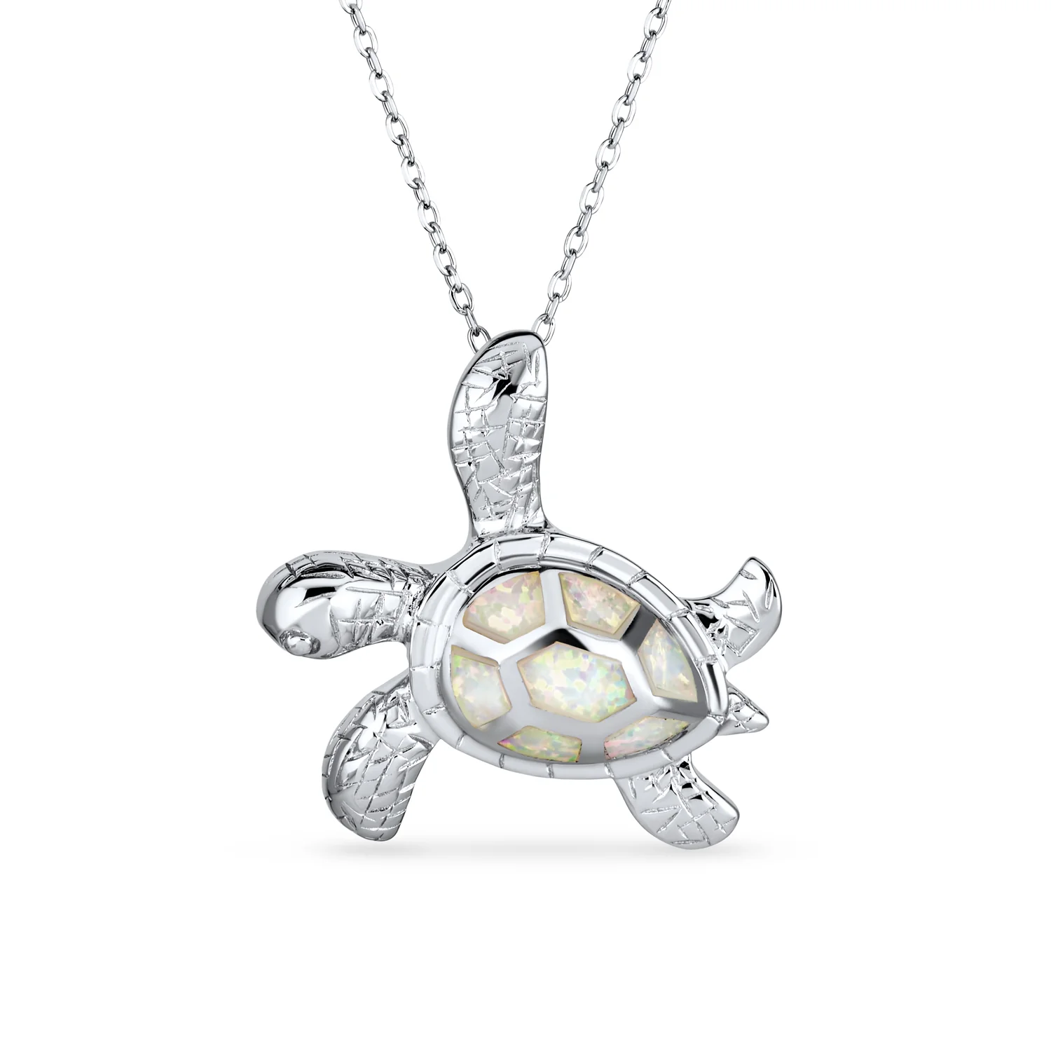Nautical Blue Created Opal Inlay Turtle Pendant Necklace .925 Sterling Silver - Image 2