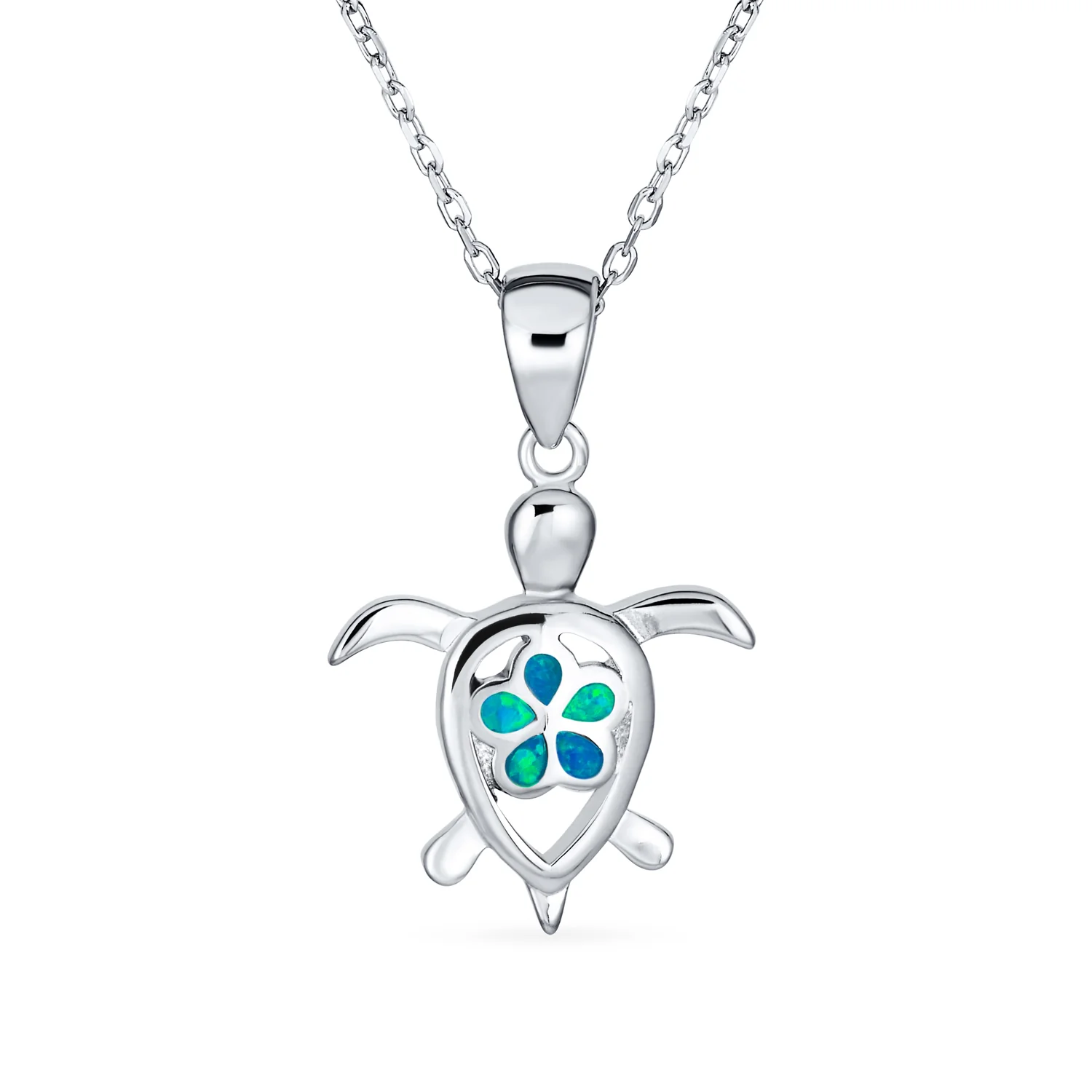 Nautical Plumeria Flower Blue Opal Sea Turtle Pendant Necklace Sterling Silver